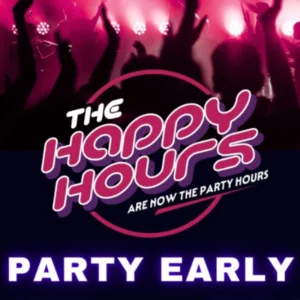 stylized happy hours party early logo with dancing silhouettes and vibrant pink purple concert lighting