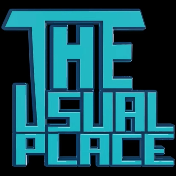 A blue over black background logo for the usual place in Las vegas