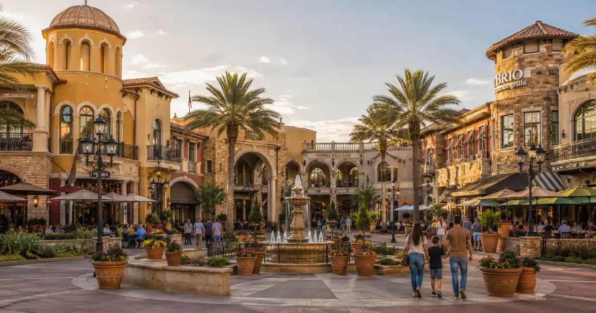 European-inspired buildings, fountains, palm trees, patios, and pedestrian walkways frame the central plaza at Tivoli Village in Las Vegas.