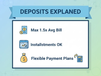 Cartoon graphic explaining utility deposits with key points and financial planning icons