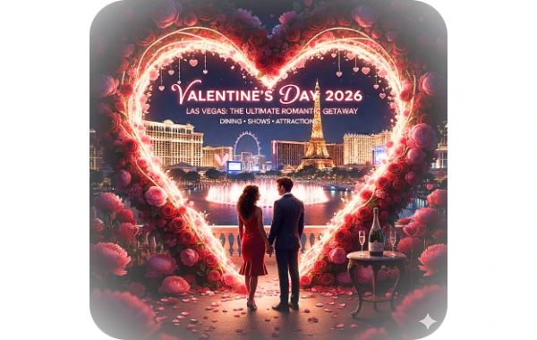 couple celebrating valentines day on las vegas strip with champagne glowing heart and romantic skyline view