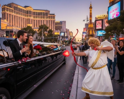 couple in limousine celebrating valentine's day on las vegas strip with cupid and champagne