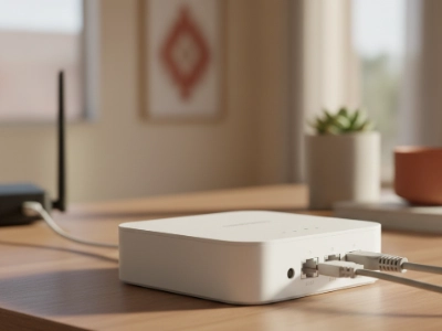 A VoIP home phone adapter on a wooden desk inside a Las Vegas home showing how modern digital phone service connects through internet equipment