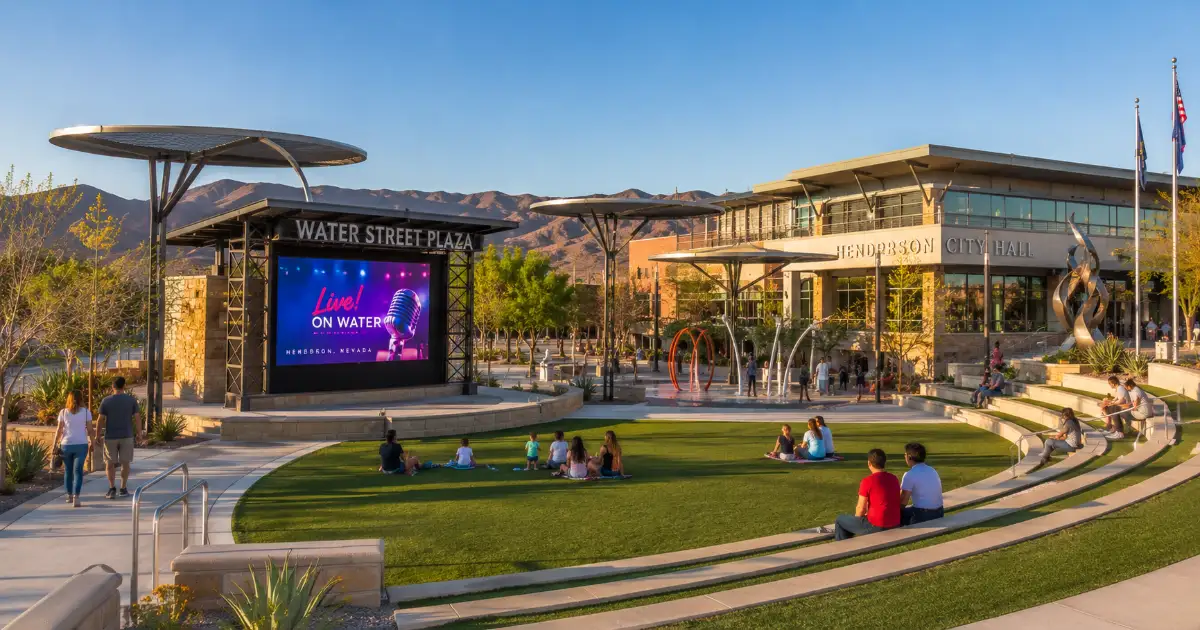 The amphitheater, digital screen, lawn, shade structures, public art, and Henderson City Hall surround Water Street Plaza in downtown Henderson.