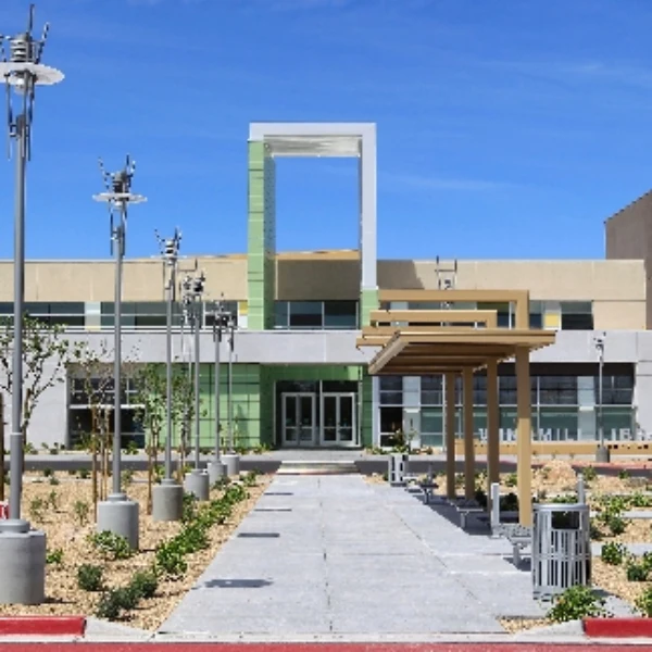 exterior of windmill library las vegas with modern architecture and open signage