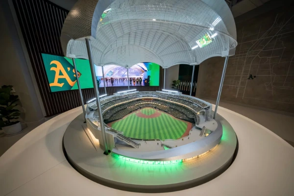 model of proposed Las Vegas As stadium with retractable roof and digital screens at Las Vegas preview center