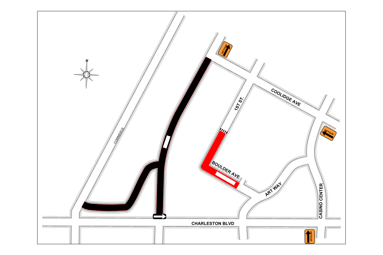 Map detailing the First Friday event footprint in the Las Vegas Arts District, highlighting the main festival streets, vendor areas, and nearby points of interest, including streets that are closed to traffic.