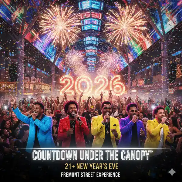 Countdown Under The Canopy: New Years Eve party at Fremont Street Experience showing confetti fireworks and major headliners CeeLo Green and Robin Thicke performing under the Viva Vision screen