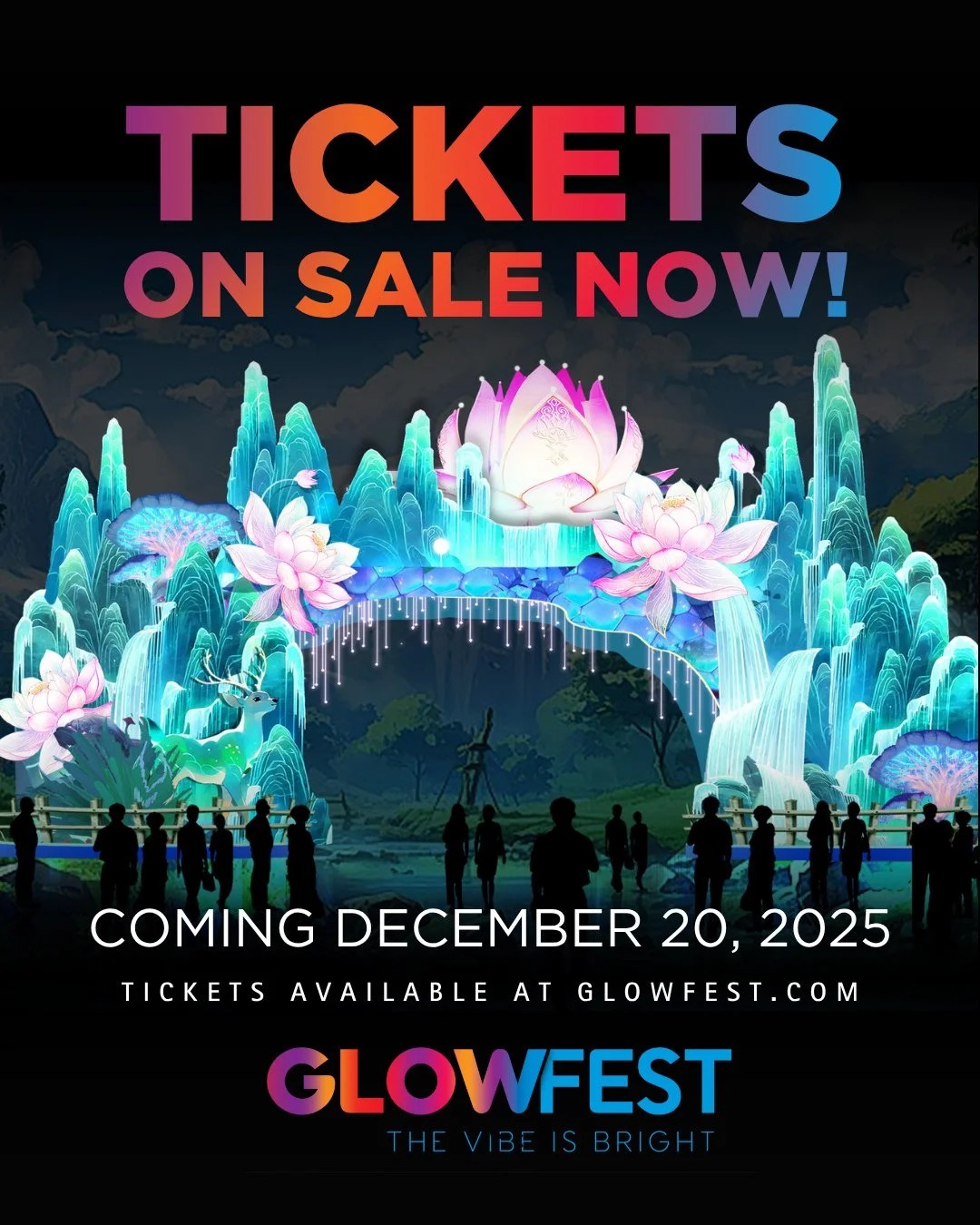 GlowFest 2025 promotional poster featuring glowing lotus flowers, cascading light structures, and silhouettes of visitors in a fantastical illuminated landscape