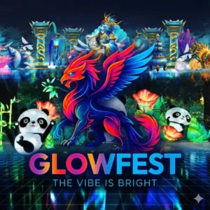Glowfest Las Vegas logo featuring a radiant mythical creature surrounded by glowing pandas, flowers, and neon fantasy elements