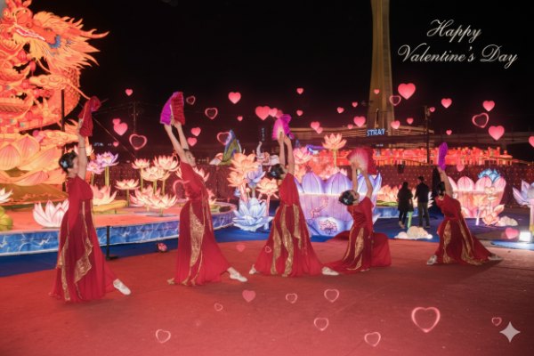 Dancers in red silk dresses perform at GlowFest Las Vegas amidst glowing lotus lanterns and floating pink hearts for a romantic Valentine's Day event