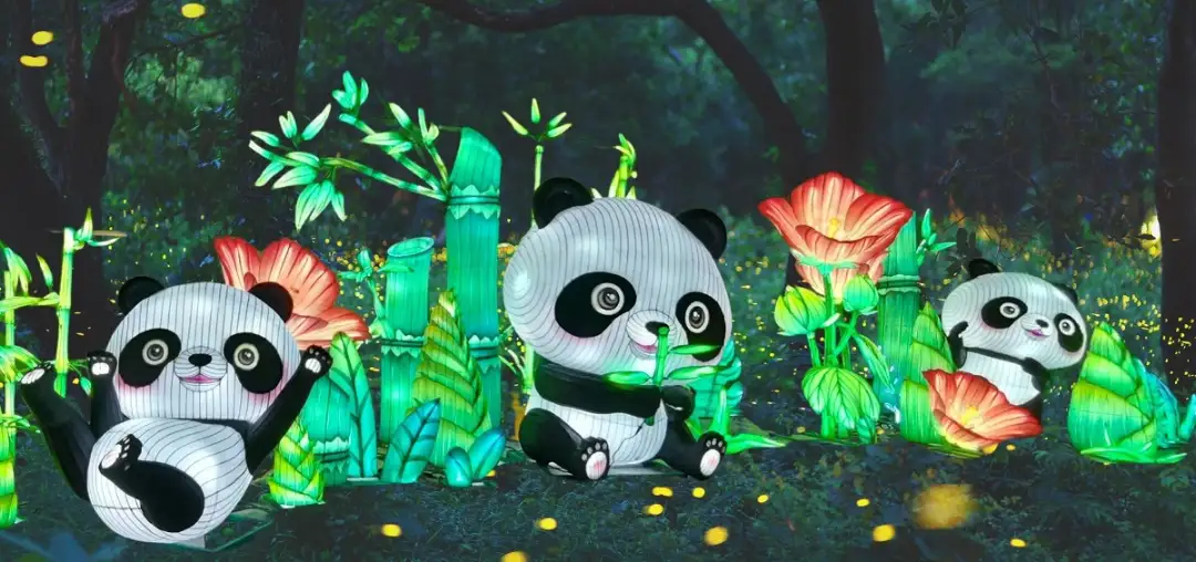 Three playful panda lanterns glowing in a neon-lit forest with bamboo stalks oversized flowers and firefly-like lights