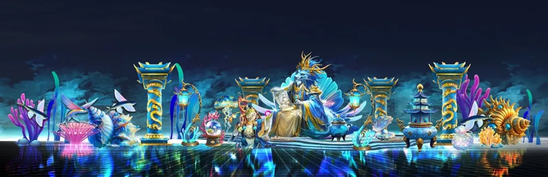 Regal aquatic dragon seated on a glowing throne in a mystical underwater realm, surrounded by golden lanterns, coral sculptures, and marine-themed decor