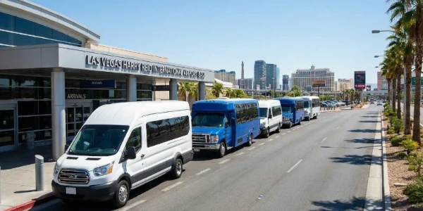 Line of airport shuttle buses picking up passengers curbside at Las Vegas Harry Reid International Airport LAS