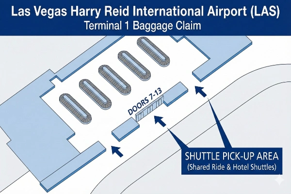 Map of Terminal 1 baggage claim showing shuttle pickup outside doors 7-13