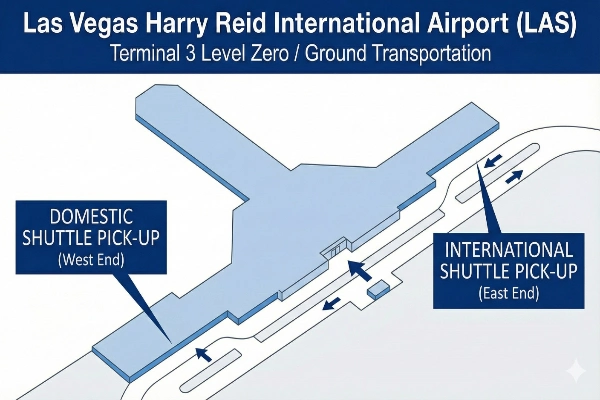 Map of Terminal 3 Level Zero showing separate domestic and international shuttle pickup areas