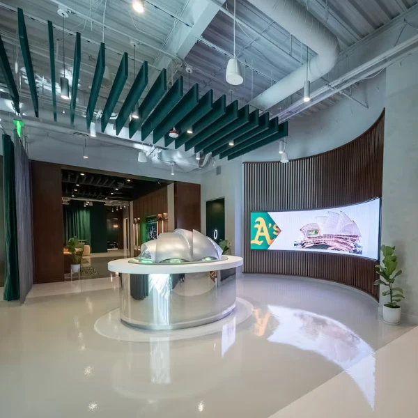 large hall with scale model of Las Vegas As stadium entrance to preview center large digital display