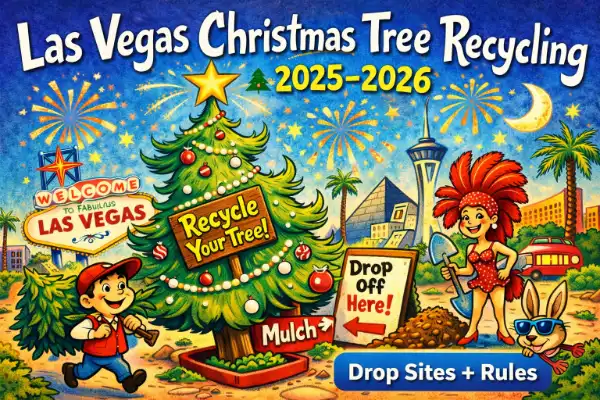 Festive cartoon-style poster promoting Las Vegas Christmas Tree Recycling with drop-off and mulch info