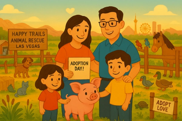 A smiling Las Vegas family adopts a pink piglet at a cheerful animal rescue farm with dogs, cats, ducks, goats, turtles, birds, and a horse, with the Las Vegas Strip skyline visible in the background.