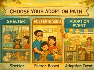 Illustrated guide showing Las Vegas pet adoption options including shelter visits, foster-based care, and adoption events