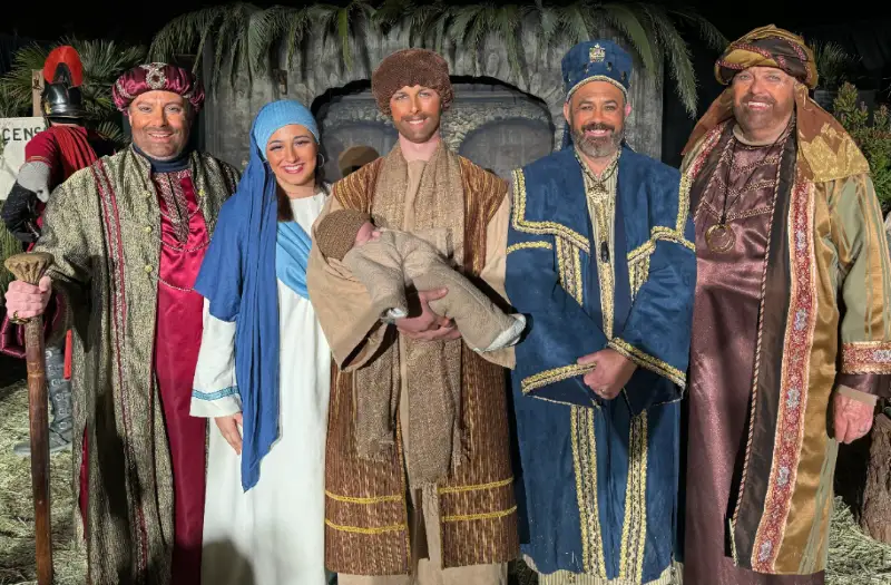 Cast of Living Nativity at Green Valley Baptist Church in Las Vegas dressed in biblical costumes with baby Jesus