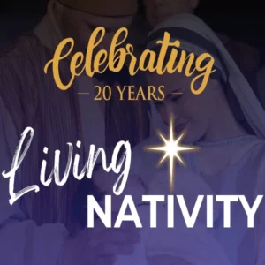 Living Nativity show at Green Valley Baptist Church in Las Vegas featuring Mary, baby Jesus, and costumed performers in a traditional biblical scene