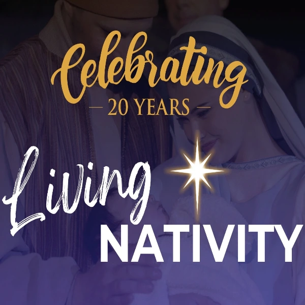 Living Nativity show at Green Valley Baptist Church in Las Vegas featuring Mary, baby Jesus, and costumed performers in a traditional biblical scene