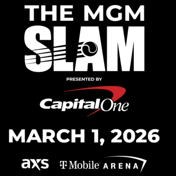Promotional poster for The MGM Slam tennis event presented by Capital One at T-Mobile Arena Las Vegas on March 1, 2026