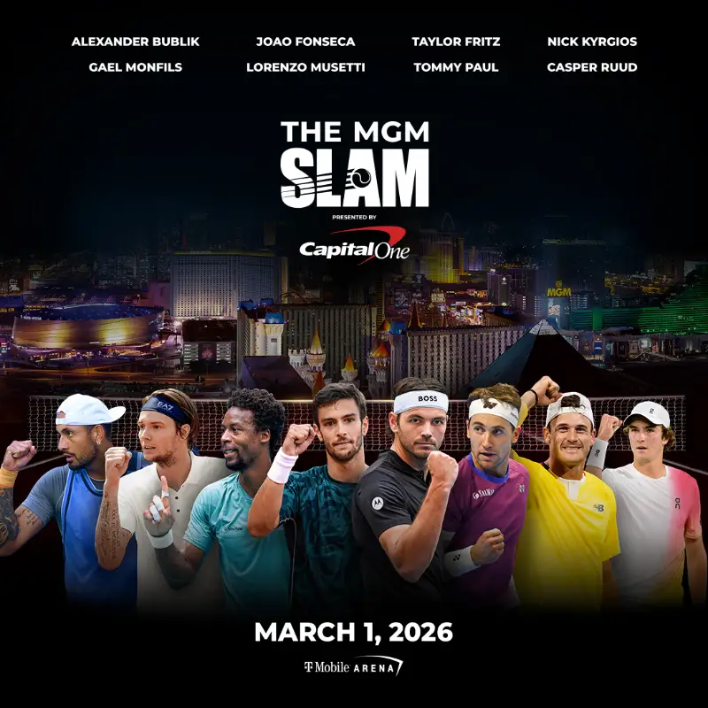 Promotional poster for The MGM Slam tennis event at T-Mobile Arena Las Vegas on March 1, 2026 featuring Naomi Osaka, Aryna Sabalenka, Taylor Fritz, Nick Kyrgios, and other top players
