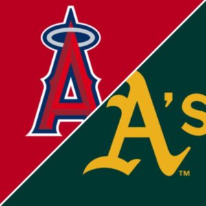 Split graphic showing Oakland A’s and Los Angeles Angels MLB team logos on green and red backgrounds