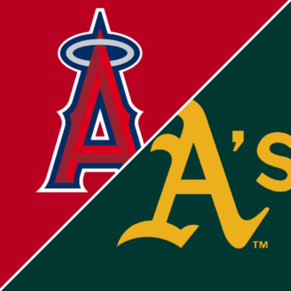 Split graphic showing Oakland A’s and Los Angeles Angels MLB team logos on green and red backgrounds
