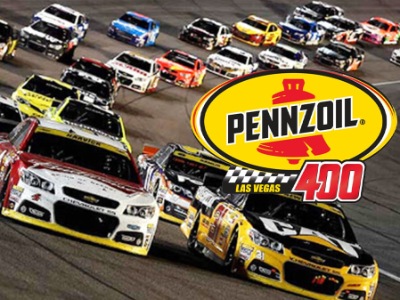 Promotional image for Pennzoil 400 NASCAR race at Las Vegas Motor Speedway featuring race cars and event logo