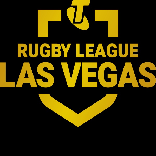 Rugby League Las Vegas logo featuring gold gradient text and shield emblem