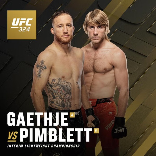 poster for UFC 324 featuring Gaethje vs Pimblett and Harrison vs Nunes title fights at T Mobile Arena Las Vegas