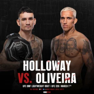 Official UFC 326 fight poster featuring Max Holloway and Charles Oliveira for their BMF title rematch Holloway is on the left and Oliveira with bleached hair is on the right