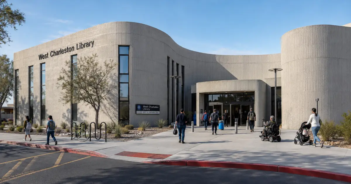 The curved concrete façade and public entrance identify West Charleston Library on the CSN Charleston Campus in Las Vegas.