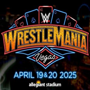 Promotional graphic for WWE WrestleMania 41 in Las Vegas featuring neon lights, playing cards and the Las Vegas Strip backdrop event dates April 18 19 2025 at Allegiant Stadium