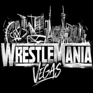 Promotional poster for WWE WrestleMania 41 featuring neon Las Vegas playing card graphics and event dates April 19–20, 2025 at Allegiant Stadium
