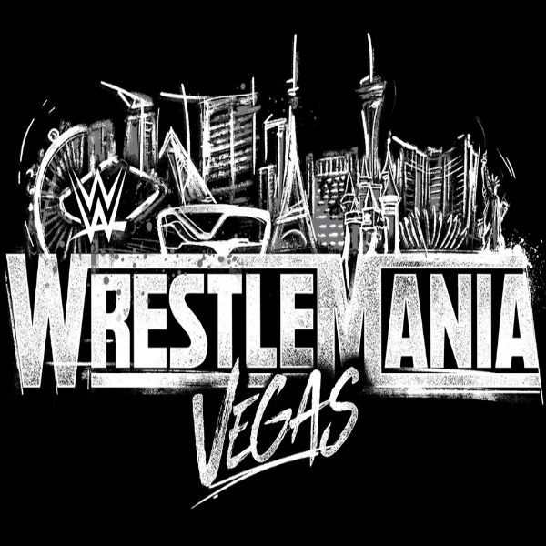 Promotional poster for WWE WrestleMania 41 featuring neon Las Vegas playing card graphics and event dates April 19–20, 2025 at Allegiant Stadium