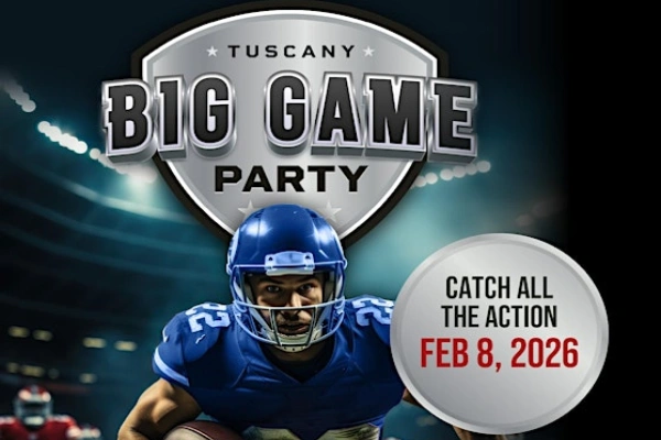 Promotional image for Big Game Party at Tuscany Suites & Casino Las Vegas featuring football player and event details for February 8, 2026