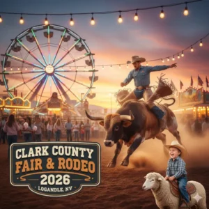Clark County Fair and Rodeo 2026 in Logandale, Nevada, featuring bull riding, carnival ferris wheel, and mutton busting.