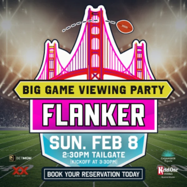Promotional image for Big Game Viewing Party at Flanker Las Vegas with football and stadium illustration