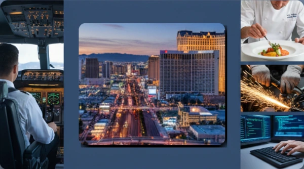 Collage of Las Vegas career paths including pilot, chef, welder, coder, and cityscape view of the Strip