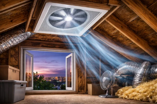 Whole-house fan concept with attic ventilation to purge hot indoor air during cooler evenings