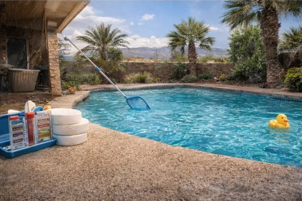 Las Vegas Valley backyard pool maintenance in desert heat to reduce evaporation and protect equipment