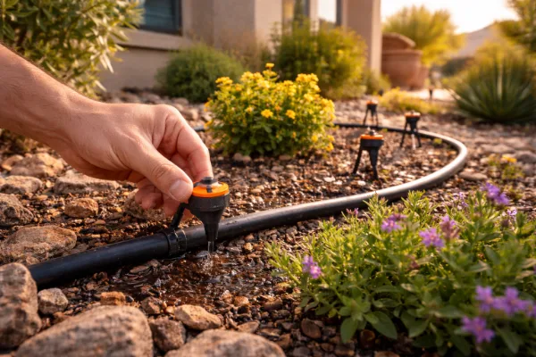 Drip irrigation emitter watering desert landscaping in Las Vegas Valley for efficient water use