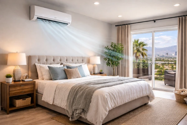 Las Vegas Valley bedroom cooled by a ductless mini-split system for targeted comfort and efficiency