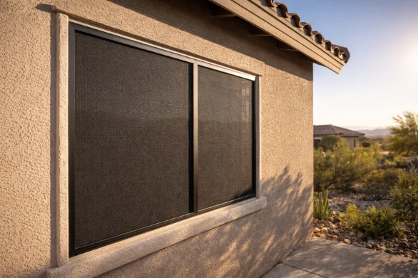 Exterior solar screen on a west-facing Las Vegas Valley window to reduce heat gain and improve cooling efficiency