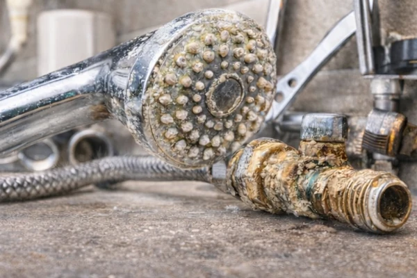 Hard water scale buildup on a showerhead and fixtures in Las Vegas Valley showing mineral deposits that reduce flow