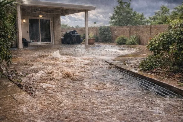 Las Vegas Valley backyard flooding during a monsoon rainstorm showing runoff and drainage risks near homes
